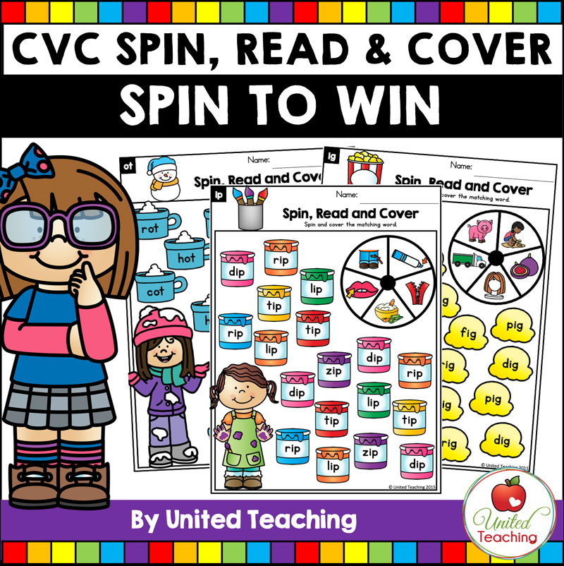 Spin, Read and Cover CVC Word game mats.