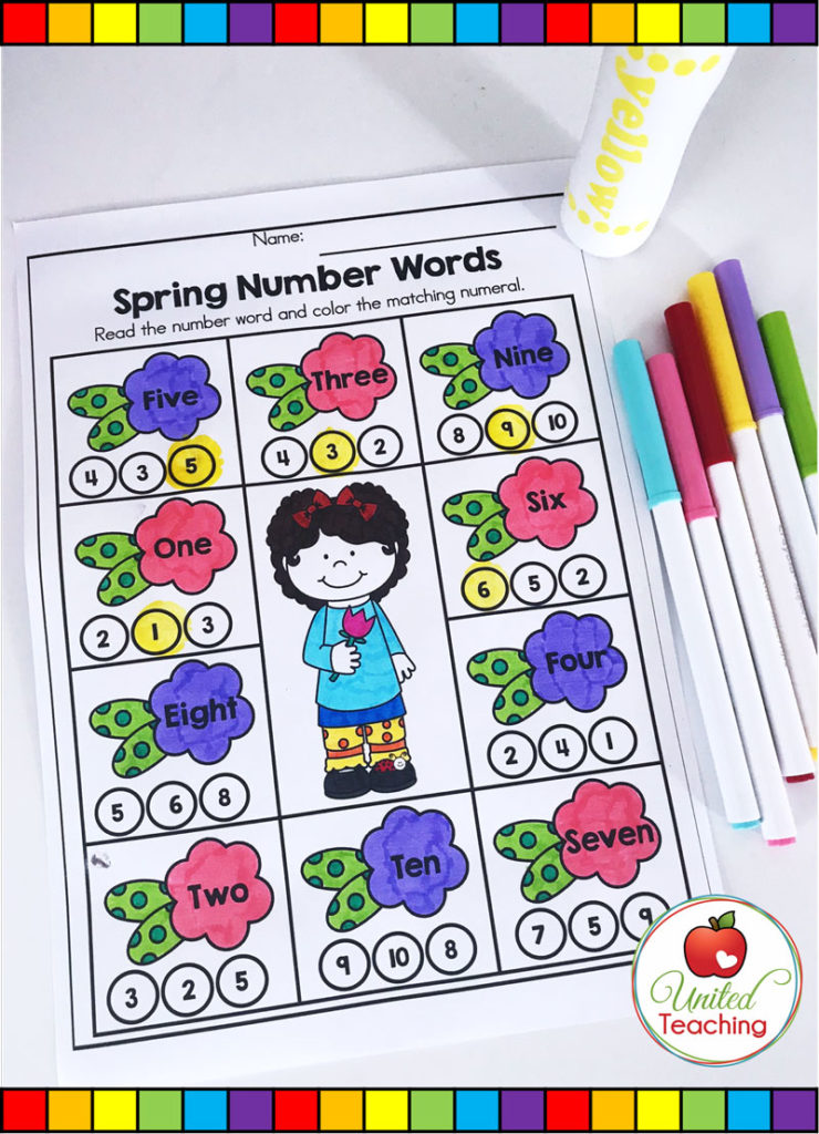 Spring Number Words math activity for kindergarten students