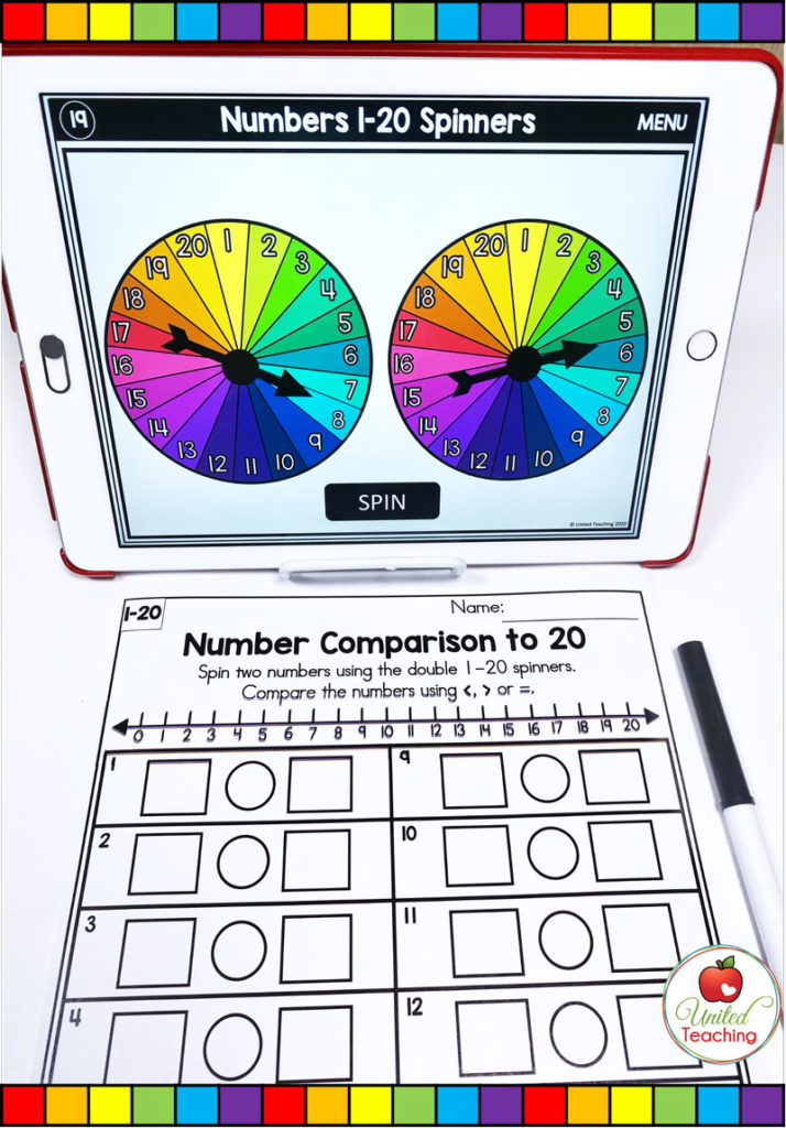 Number comparison activity for numbers to 20 with a number line and digital spinner