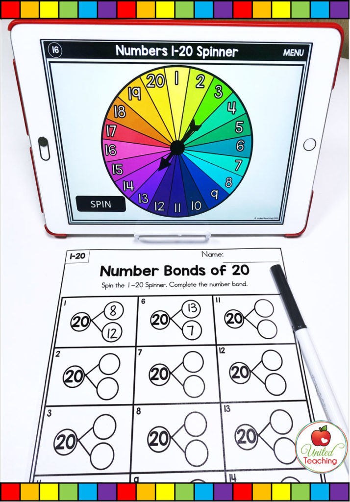 Number Bonds for 20 with digital spinner math activity