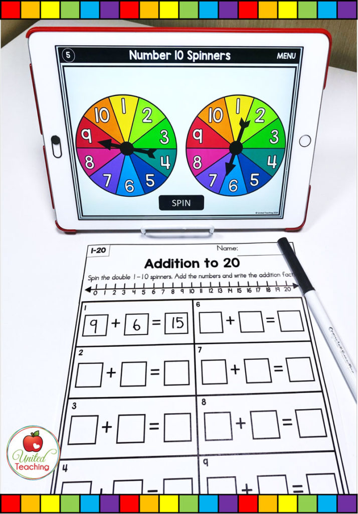 Addition to 20 with a number line and digital spinner math activity