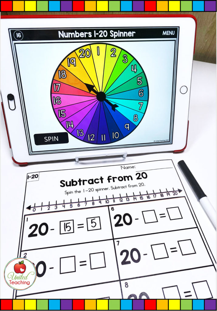 Subtraction from 20 with a number line and digital spinner math activity