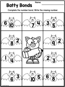 Halloween Batty Number Bonds Math Worksheet for Kindergarten