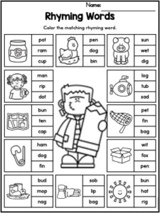 Halloween literacy worksheet for reinforcing rhyming words