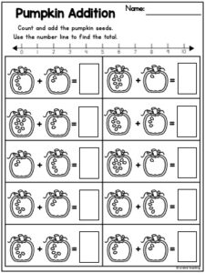 Pumpkin seed addition math worksheet for kids