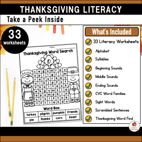 Thanksgiving Literacy Activities for Kindergarten Skills Covered
