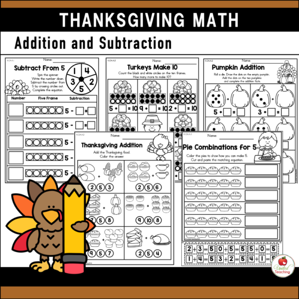 Thanksgiving Math Activities for Kindergarten Addition and Subtraction Worksheets