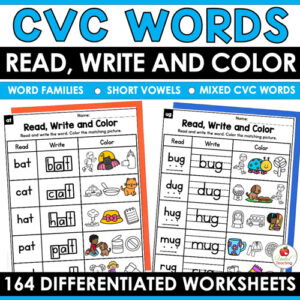 CVC Words Read Write and Color Phonics Worksheets
