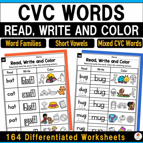 CVC Words Read Write and Color Worksheets
