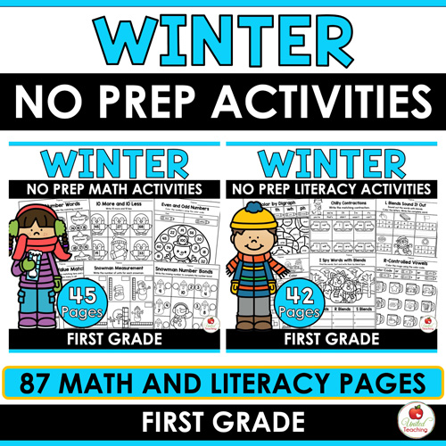 Winter Math and Literacy Worksheets for 1st Grade Bundle