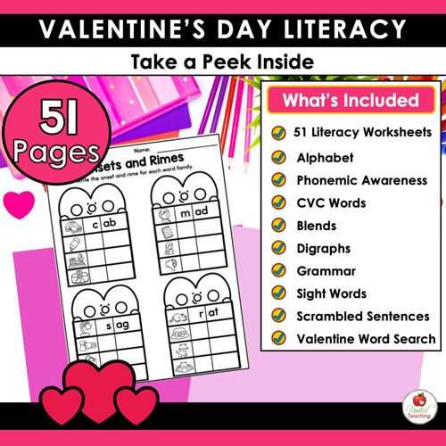 Valentine's Day Literacy Worksheets Kindergarten Packet - Image 2