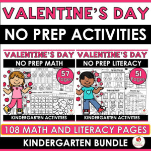 Valentine's Day Math and Literacy Worksheets Kindergarten Bundle