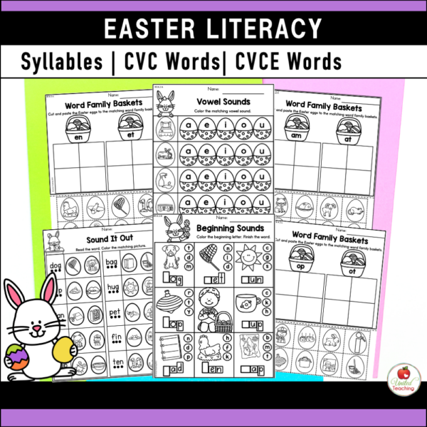 Easter Literacy Activities for Kindergarten Syllables, CVC, and CVCE Words