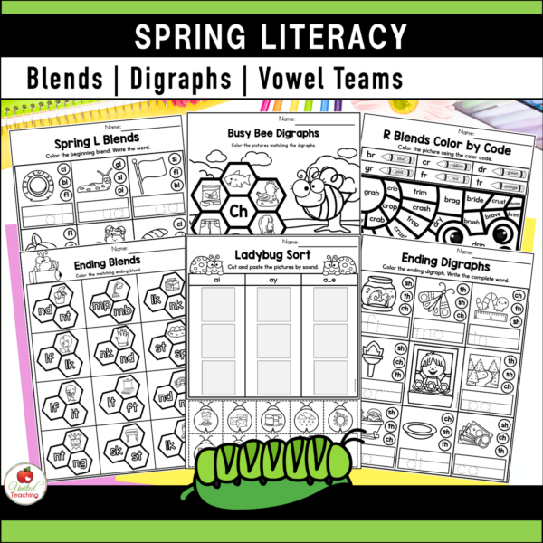 Spring Literacy Activities for 1st Grade Blends, Digraphs, and Vowel Teams worksheets