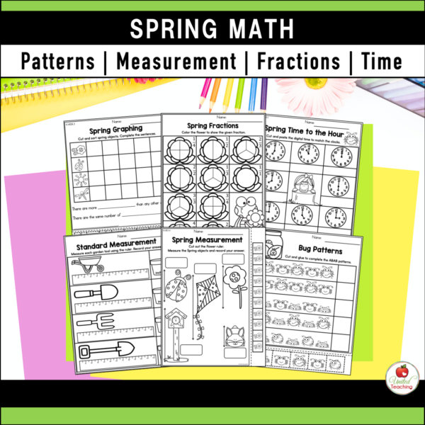 Spring Math Activities for Kindergarten worksheets for pattern, measurement, fractions, and time