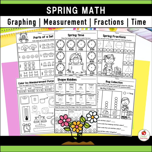 Spring Math Activities for 1st Grade Graphing, Measurement, Fractions and Time worksheets