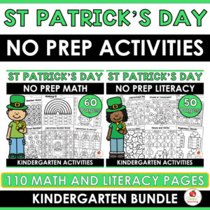 St Patricks Day Math and Literacy Worksheets Kindergarten Bundle