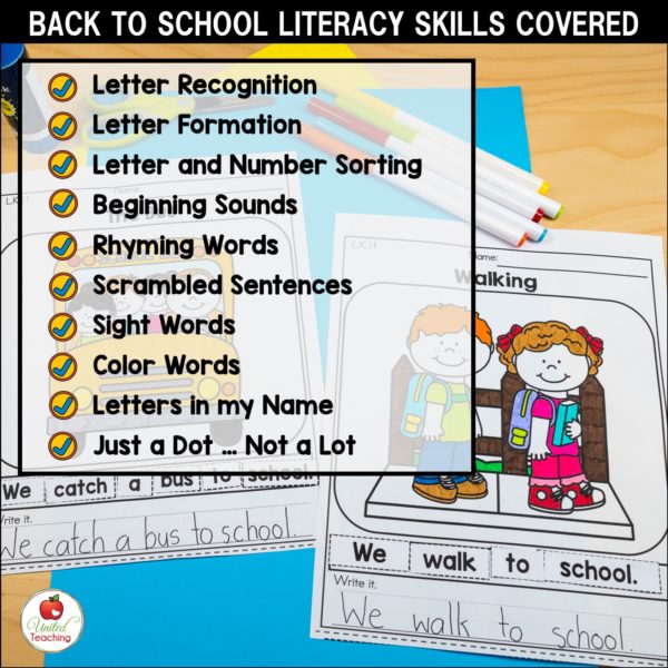 Back to School Literacy Activities for Kindergarten Skills Covered List