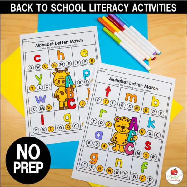 Back to School Literacy Activities Letter Match Worksheets