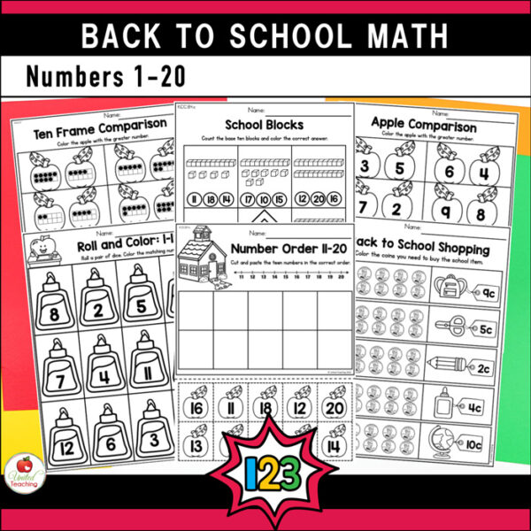 Back to School Numbers 1-20 Math Worksheets