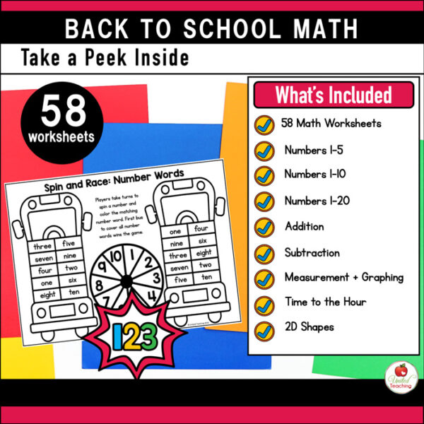 Whats included in the Back to School Math Activities Kindergarten Packet