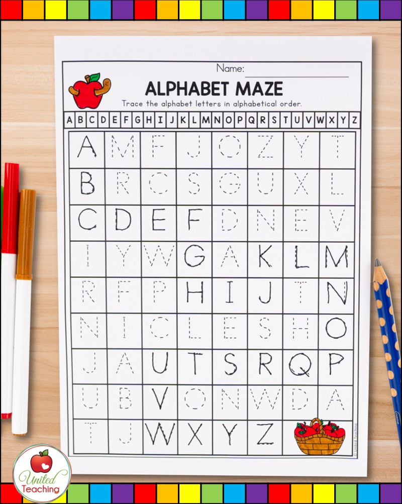 Letter tracing alphabet maze printable for uppercase letters.