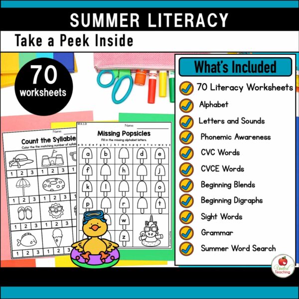Summer Literacy Activities for Kindergarten list of skills covered in packet