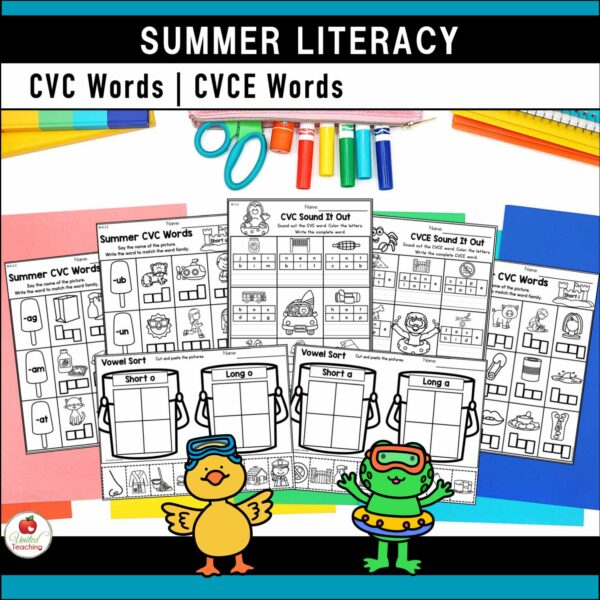 Summer Literacy Activities for Kindergarten CVC Words and CVCE Word Activities