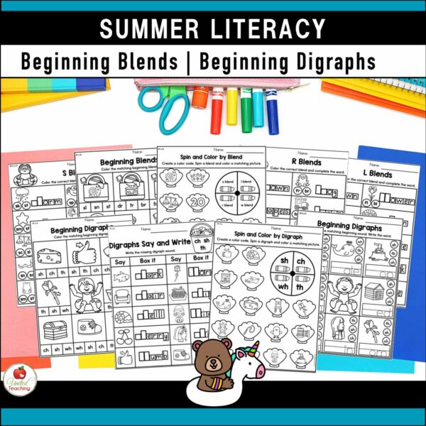 Summer Literacy Activities for Kindergarten Beginning Blends and Beginning Digraph Activities