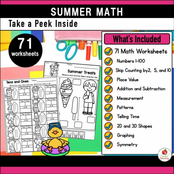 Summer Math Activities for Kindergarten List of Skills Covered in Packet