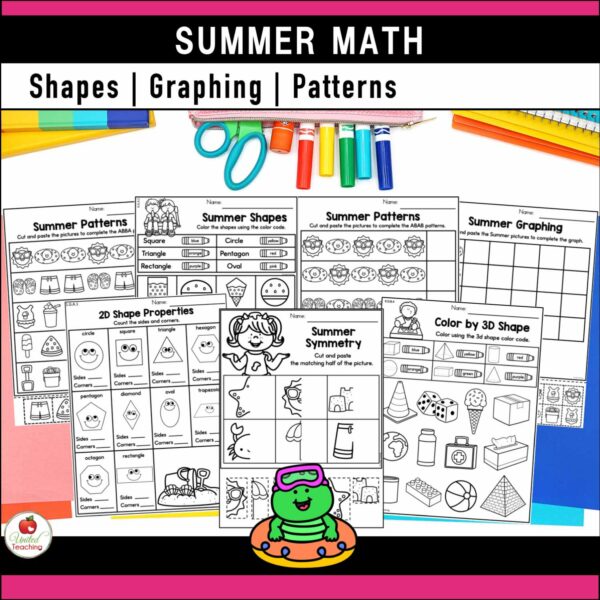 Summer Math Activities for Kindergarten Shapes Graphing and Patterns Worksheets