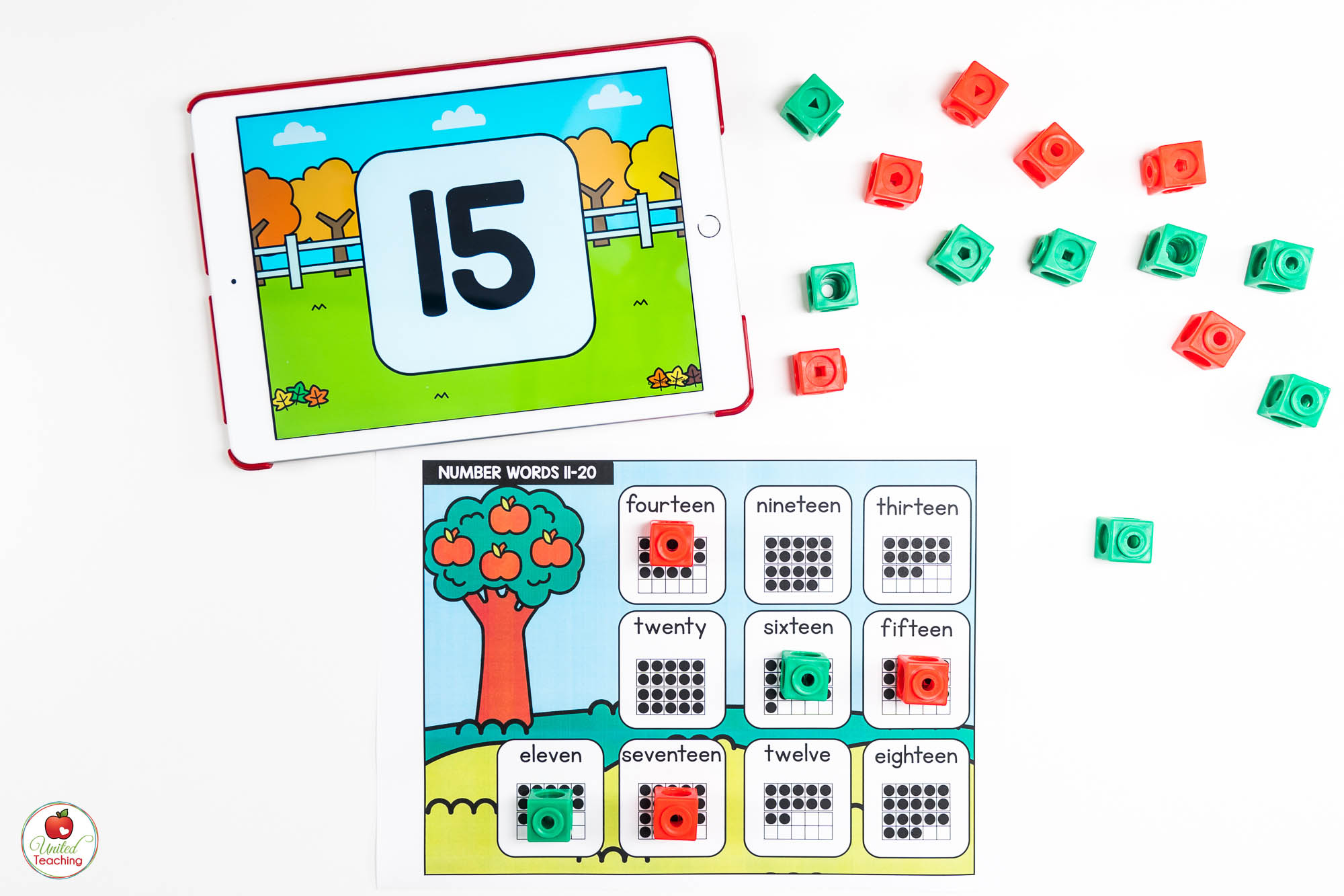 Number Words 1 to 20 Fall Math Center with Digital Dice