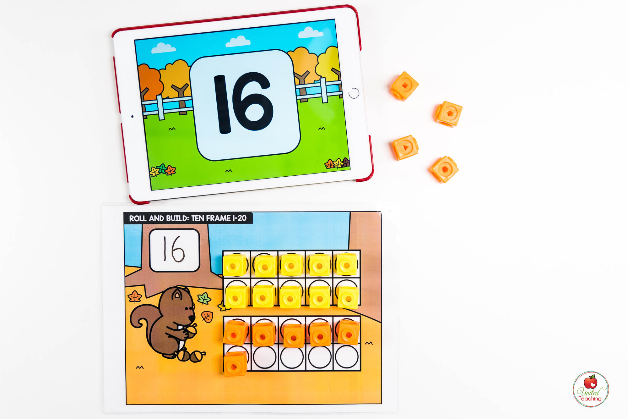 Counting to 20 with Ten Frames Fall Math Center with Digital Dice