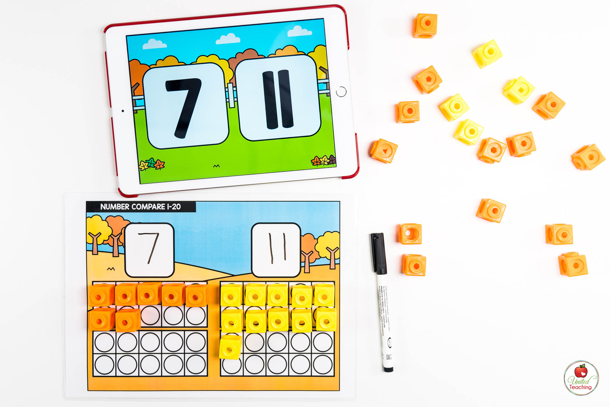 Number Comparison for numbers 1 to 20 Fall Math Center with Digital Dice