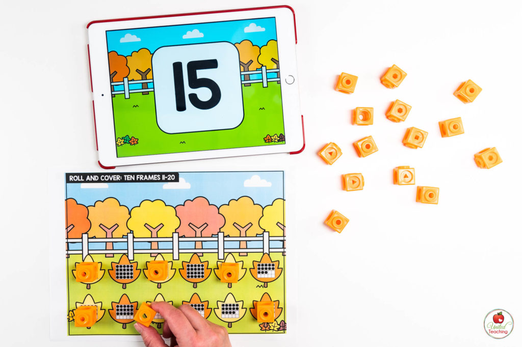 Fall Ten Frames for Numbers 1 to 20 Math Center with Digital Dice