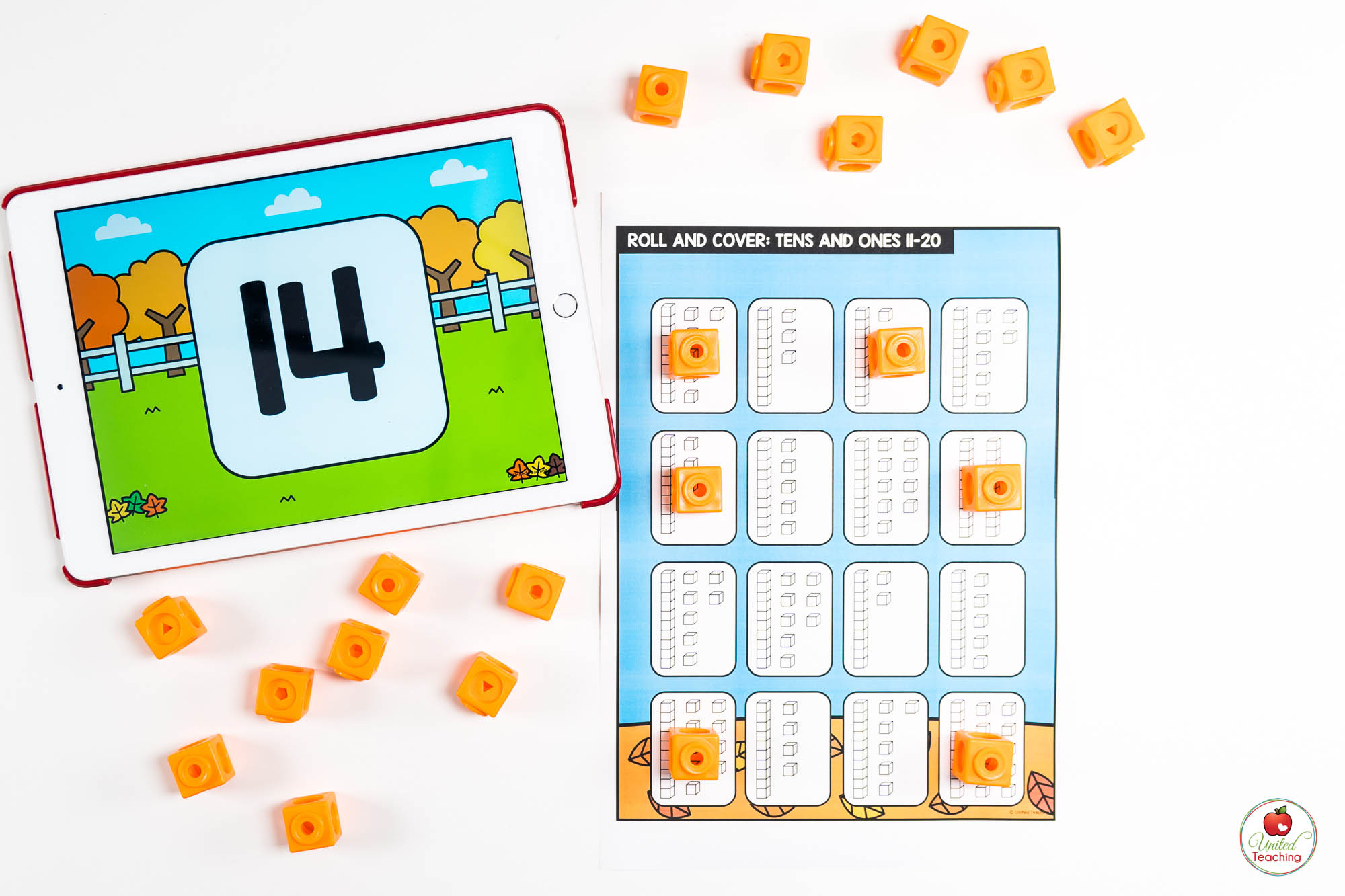 Tens and Ones Fall Math Center with Digital Dice