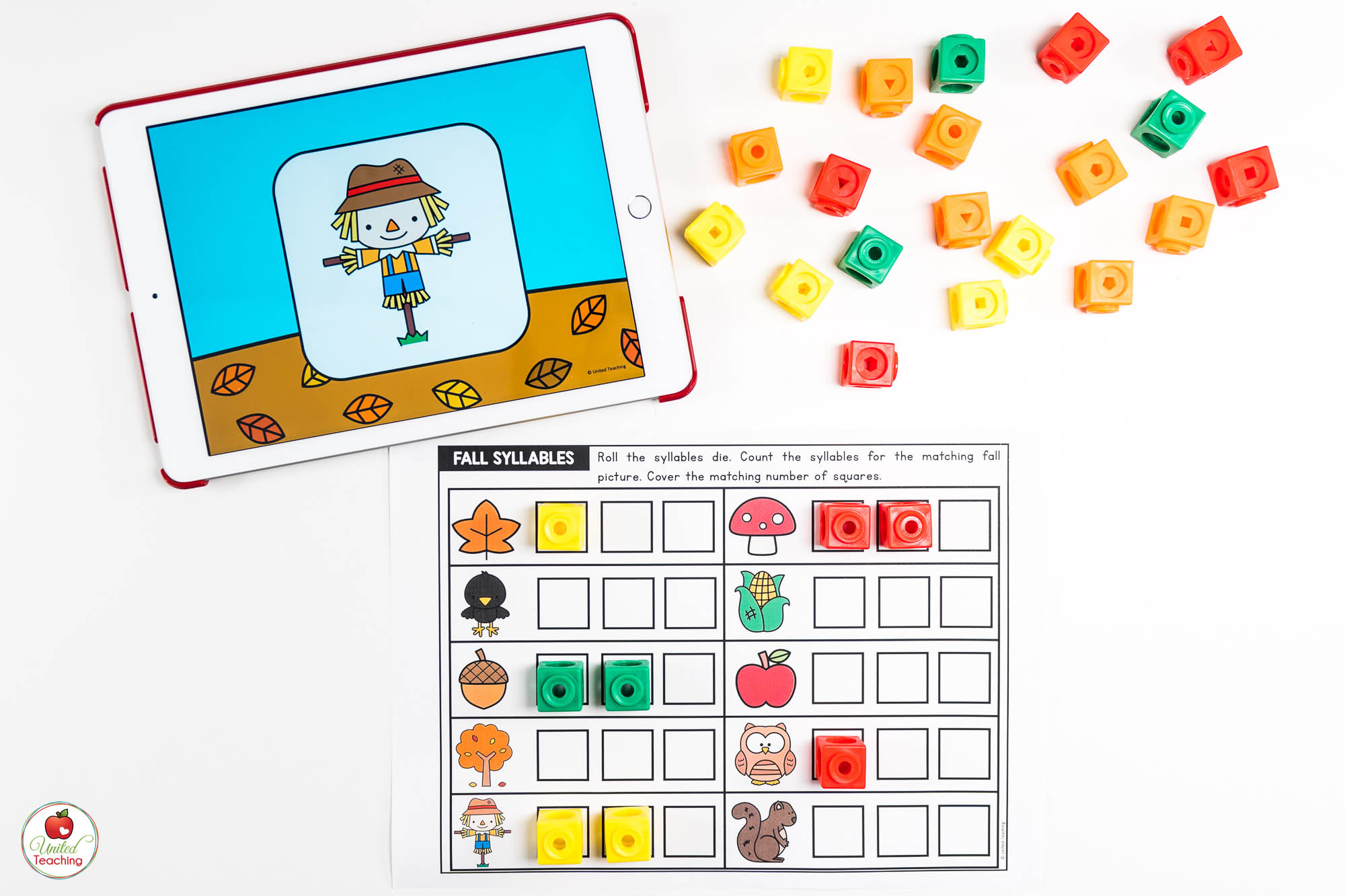 Syllables Fall Literacy Center with Digital Dice