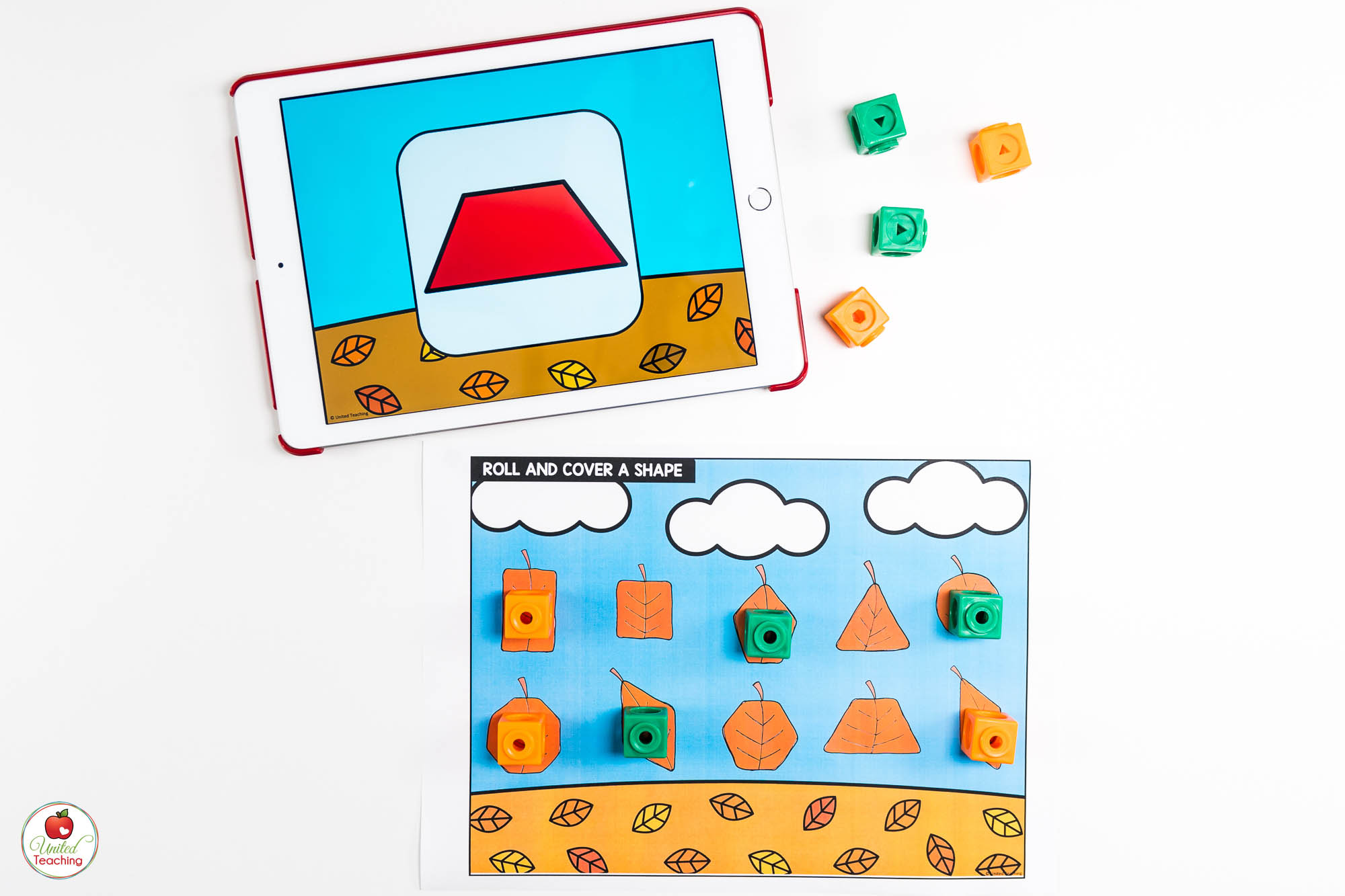 2D Shapes Fall Math Center with Digital Dice