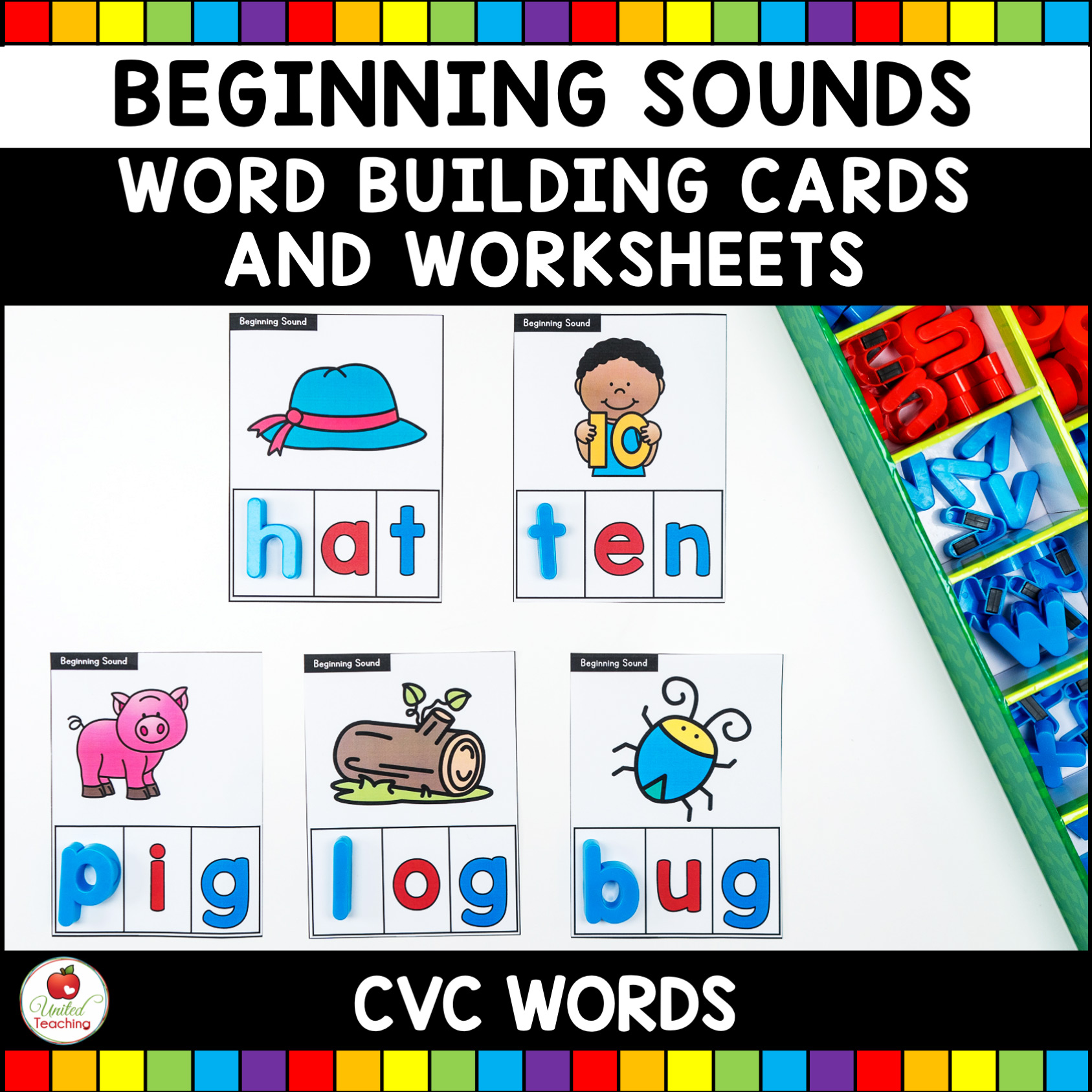 CVC Beginning Sounds Task Cards And Worksheets United Teaching
