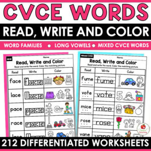 CVCE Words Read Write and Color Worksheets
