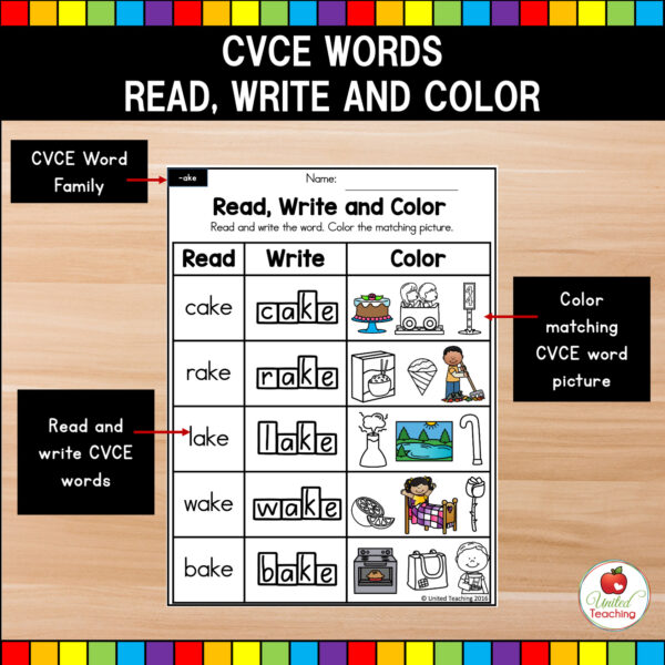 CVCE Words Read, Write and Color phonic worksheets with letter boxes