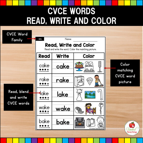CVCE Words Read, Write and Color phonic worksheets with blending dots and arrows