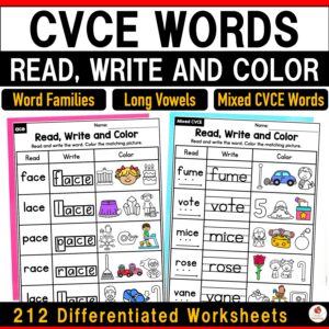 CVCE Words Read Write and Color Worksheets Packet Cover