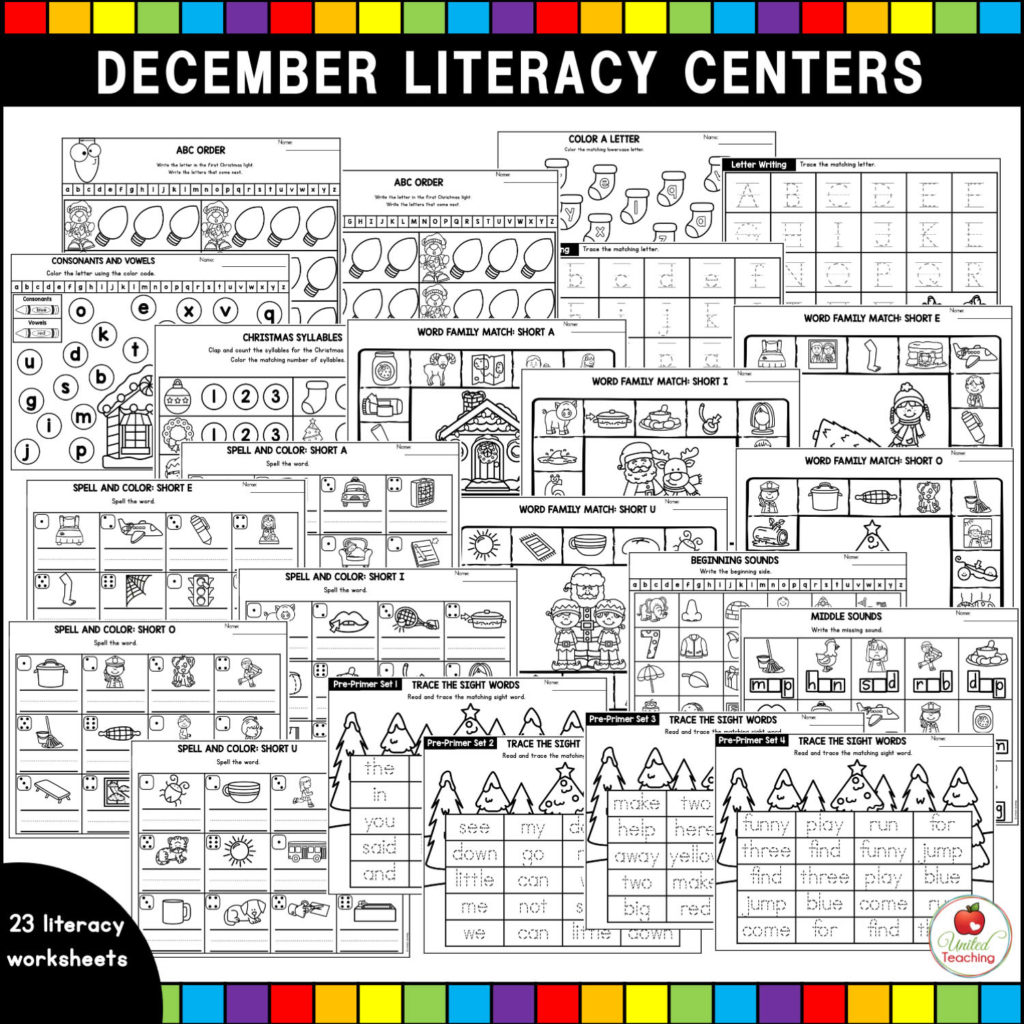 December Math and Literacy Centers for Kindergarten - United Teaching