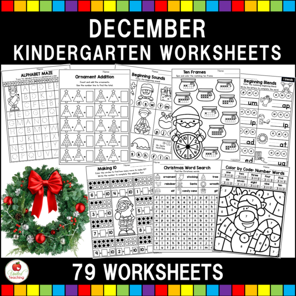 December Kindergarten Math and Literacy Worksheets Cover