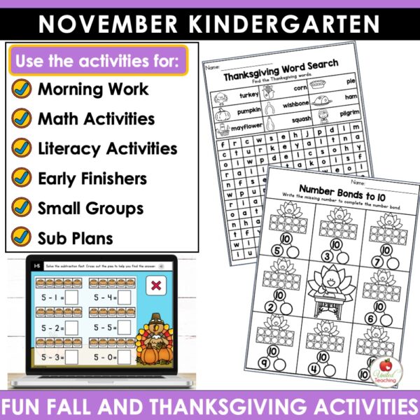 November Math and Literacy Activities for Kindergarten - Image 3