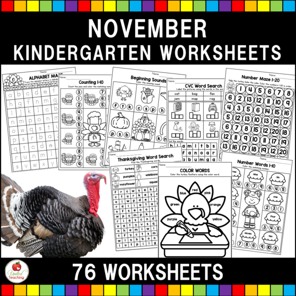 November Math and Literacy Kindergarten Worksheets Cover