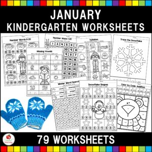 January Kindergarten Math and Literacy Worksheets Cover