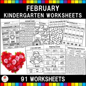 February Kindergarten Math and Literacy Worksheets Cover