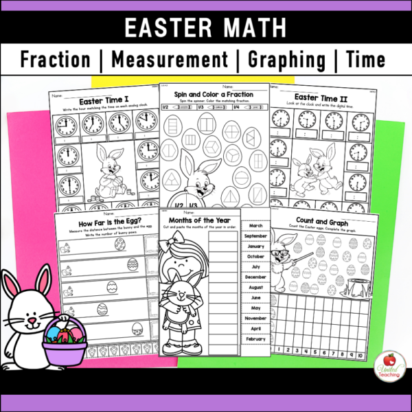 Easter Math Activities for 1st Grade Fractions, Measurement, Graphing and Time